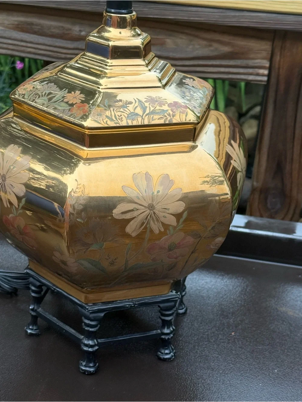Vintage Solid Cast Brass Chinoiserie Ginger Jar Table Lamp hand painted flowers